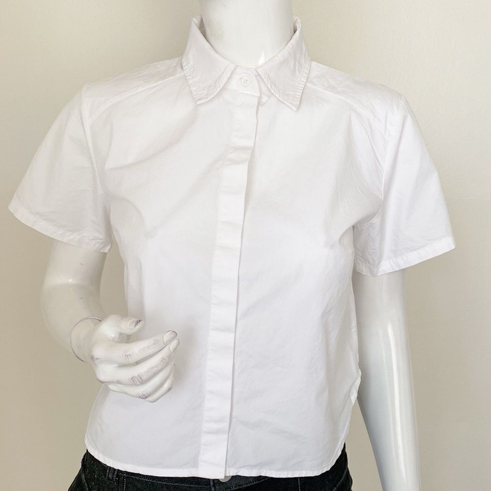 NWOT Stateside White Short Sleeve Button Down Cropped Cotton Shirt Anthropologie